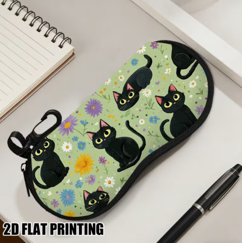 Black cat floral glasses case - black,